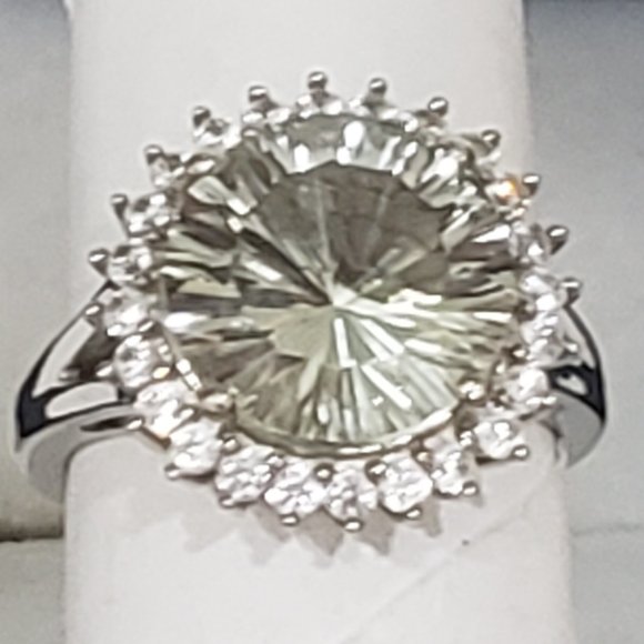 Green Amethyst (Prasiolite) & White Zircon halo ring in Platinum over 925SS  sz7 - Picture 4 of 6